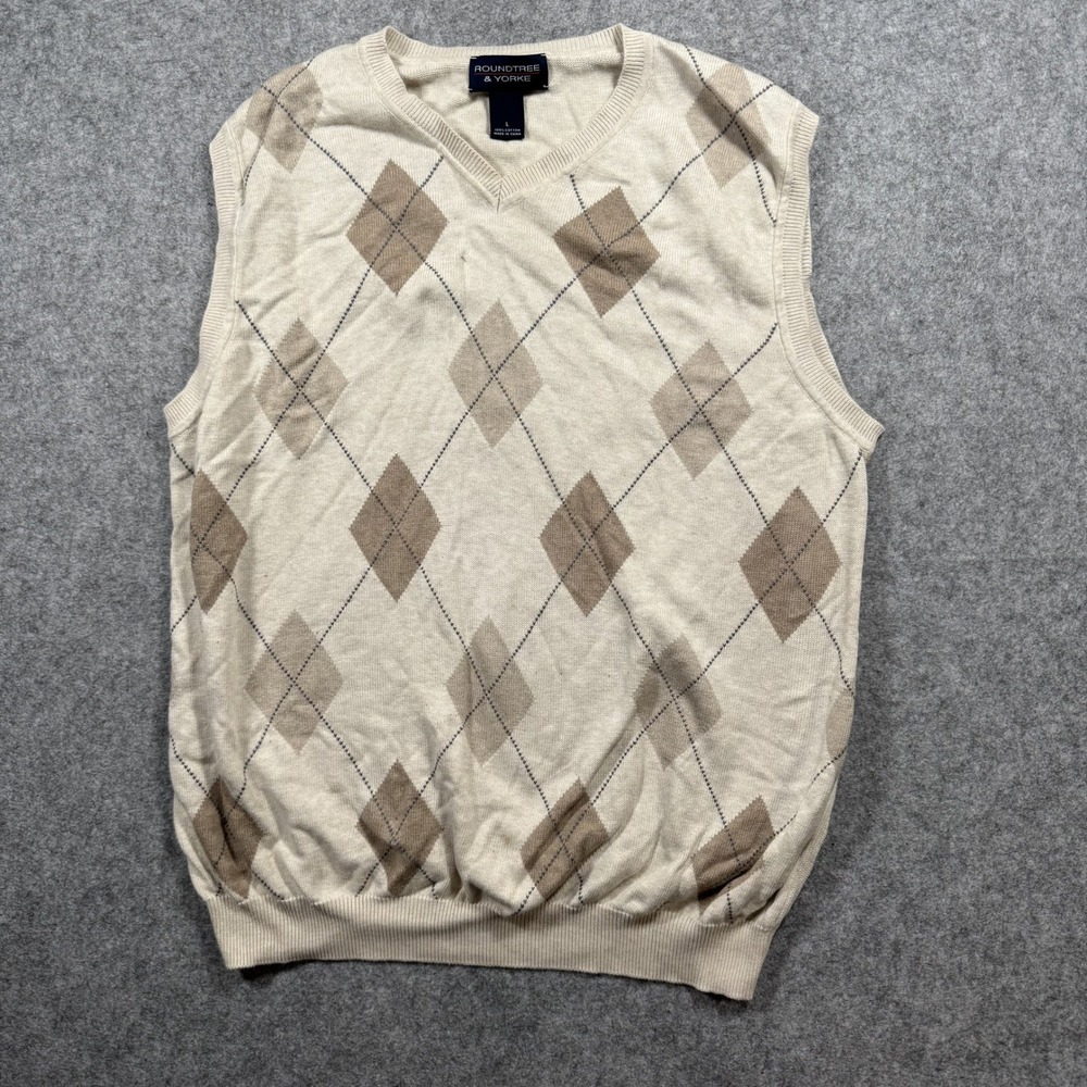 Roundtree & Yorke Argyle Sweater Vest Large Beige Cotton V-Neck